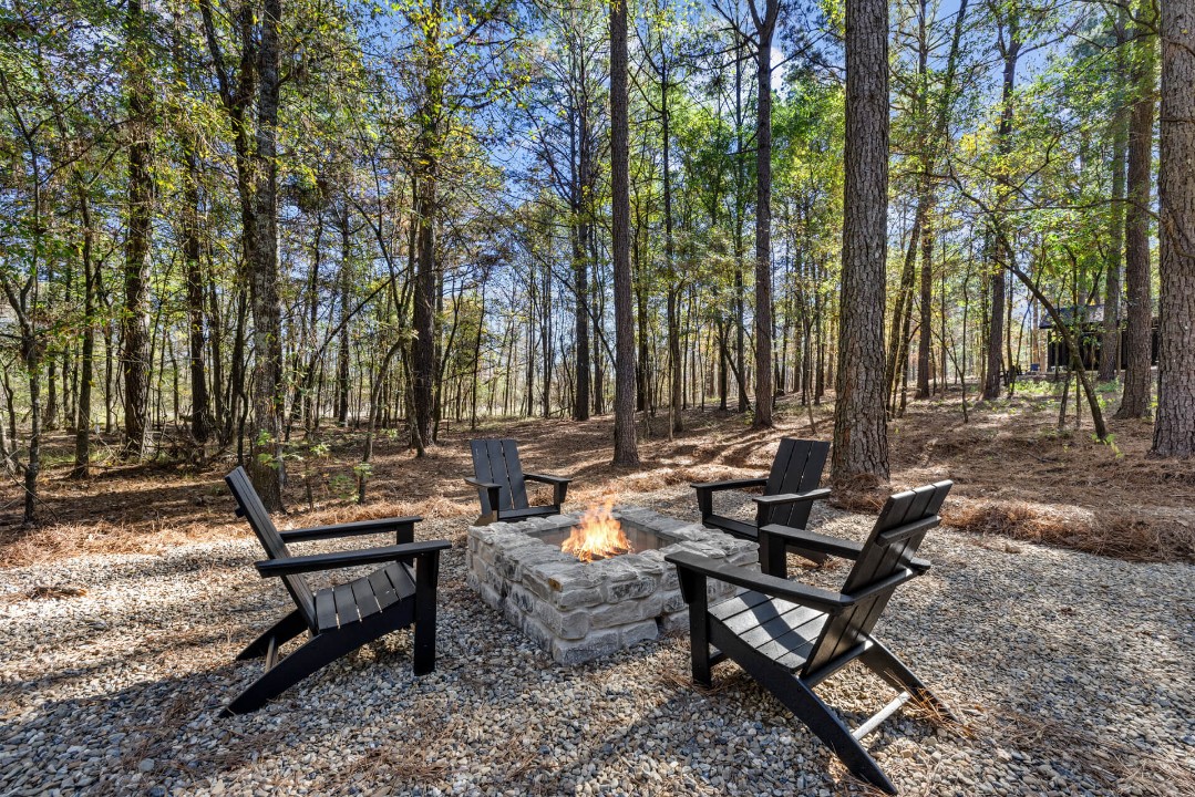 Evening firepit under string lights
