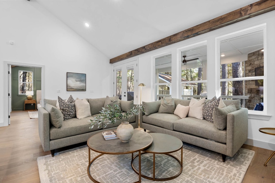 Cozy living room with stone fireplace