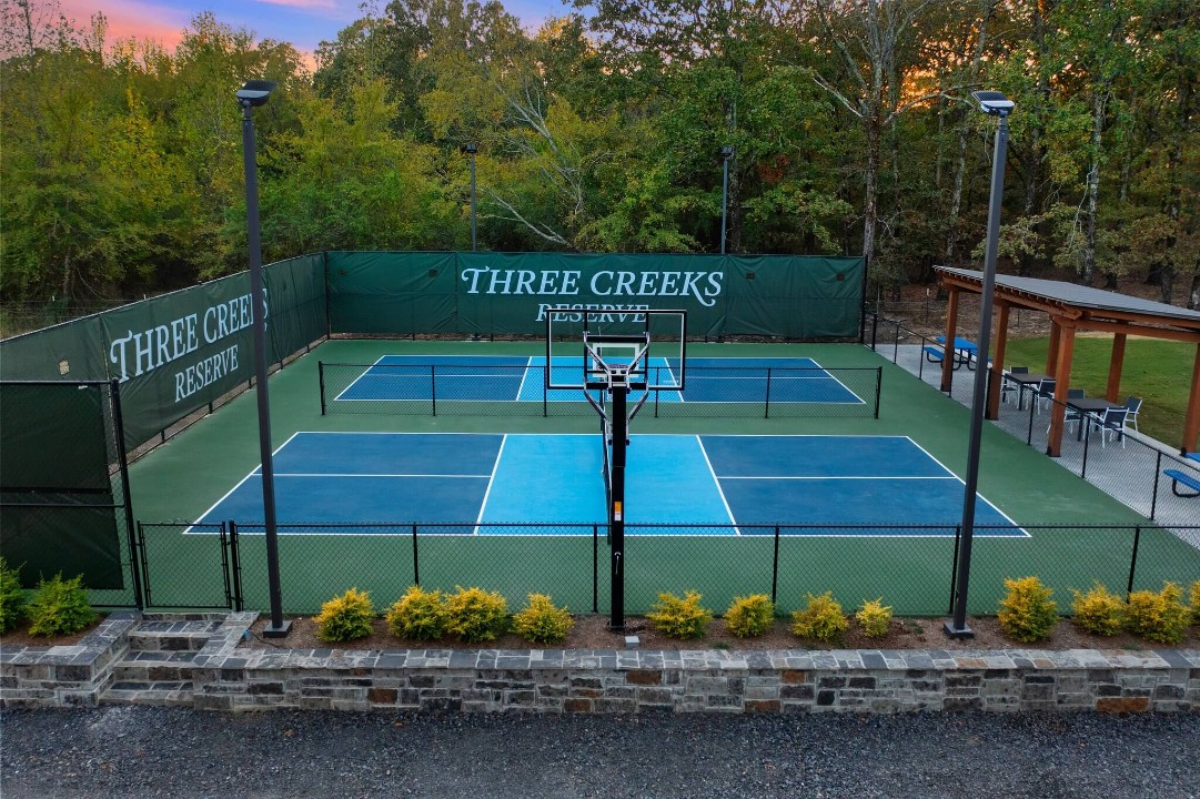 Private pickleball court surrounded by trees